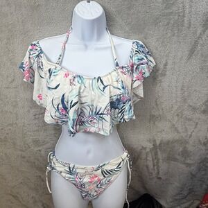 Raisins Tropical Floral Flounce Bikini‎ Set Cream Blue Pink Large Boho